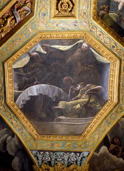 Psiche che mangia nella casa di Cupido, cassetta del soffitto dalla Sala di Amore e Psiche, 1528 da Giulio Romano